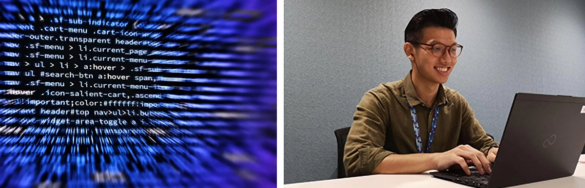 Blue-tinted CSS code on a screen beside a smiling young man with glasses typing on a laptop at a desk.